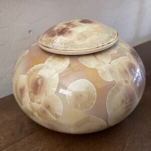 crystalline pottery covered bowl ivory *gorgeous  signed by artist